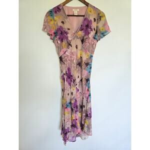 Sundance Silk Floral V-Neck Midi Dress Purple Pink Romantic Size 6